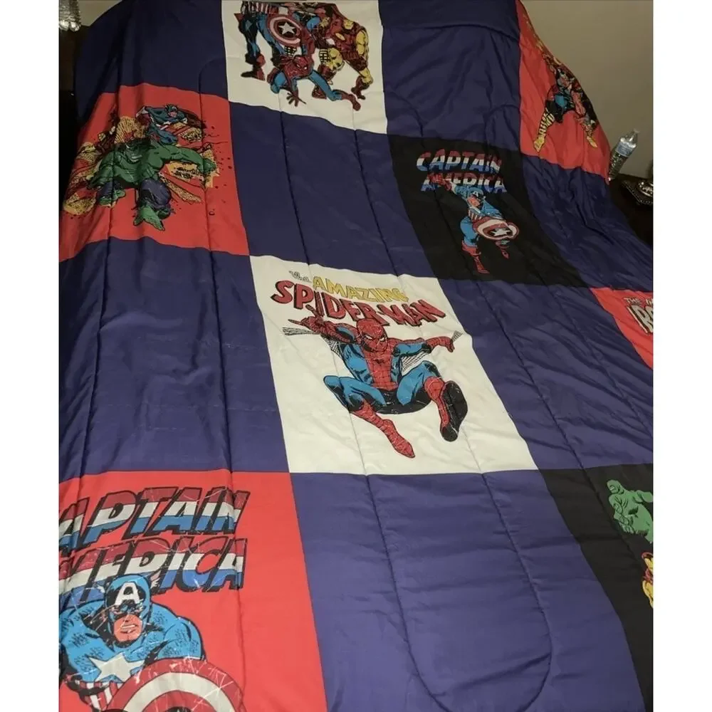 Vtg 90's Marvel Hulk Spiderman Thor Iron Man Comforter Bedding Blanket 71 x 86